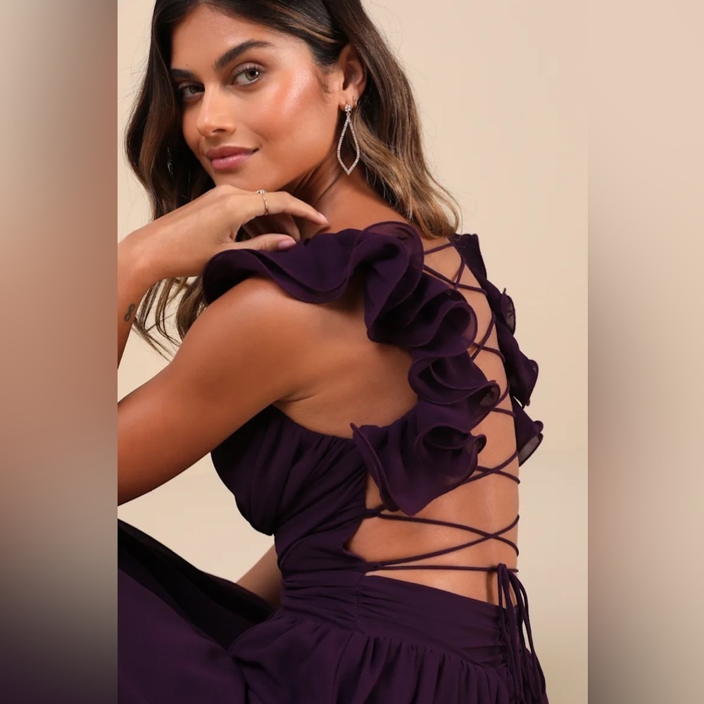 Lulus Soiree Celebration Purple Ruffled Lace-Up Maxi
Dress - Picture 3 of 10